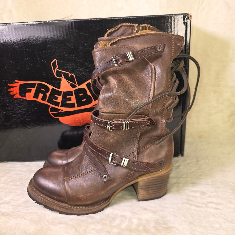Freebird Cora Boots Leather Multiple Buckles Lace Up Boots Brown Womens 8